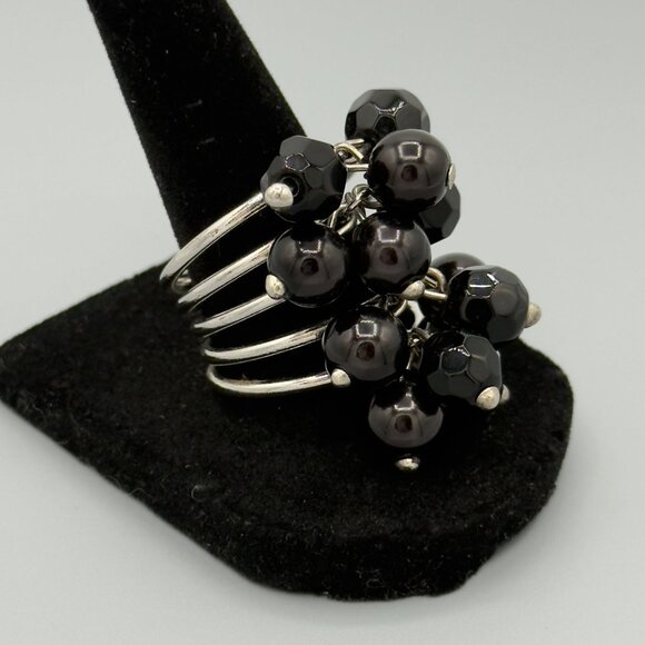 Multi-Band Silver Ring With Black Bead Cluster - Picture 3 of 9